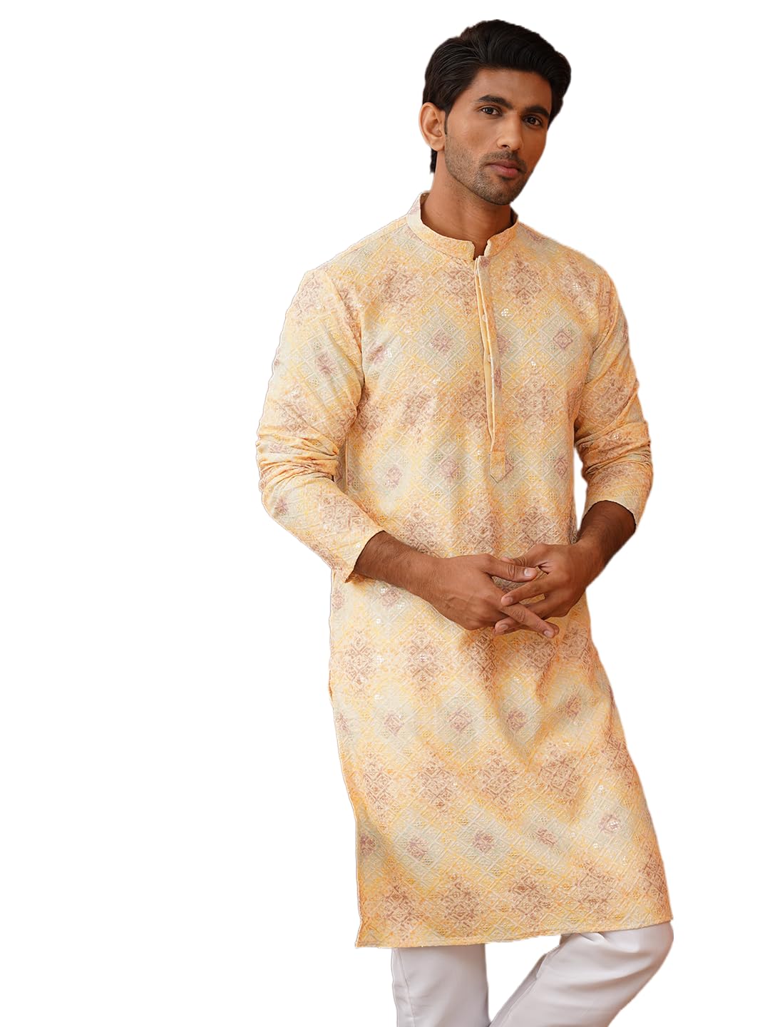 Jompers Yellow Embroidered Staight Kurtas For Men (Yellow, S)