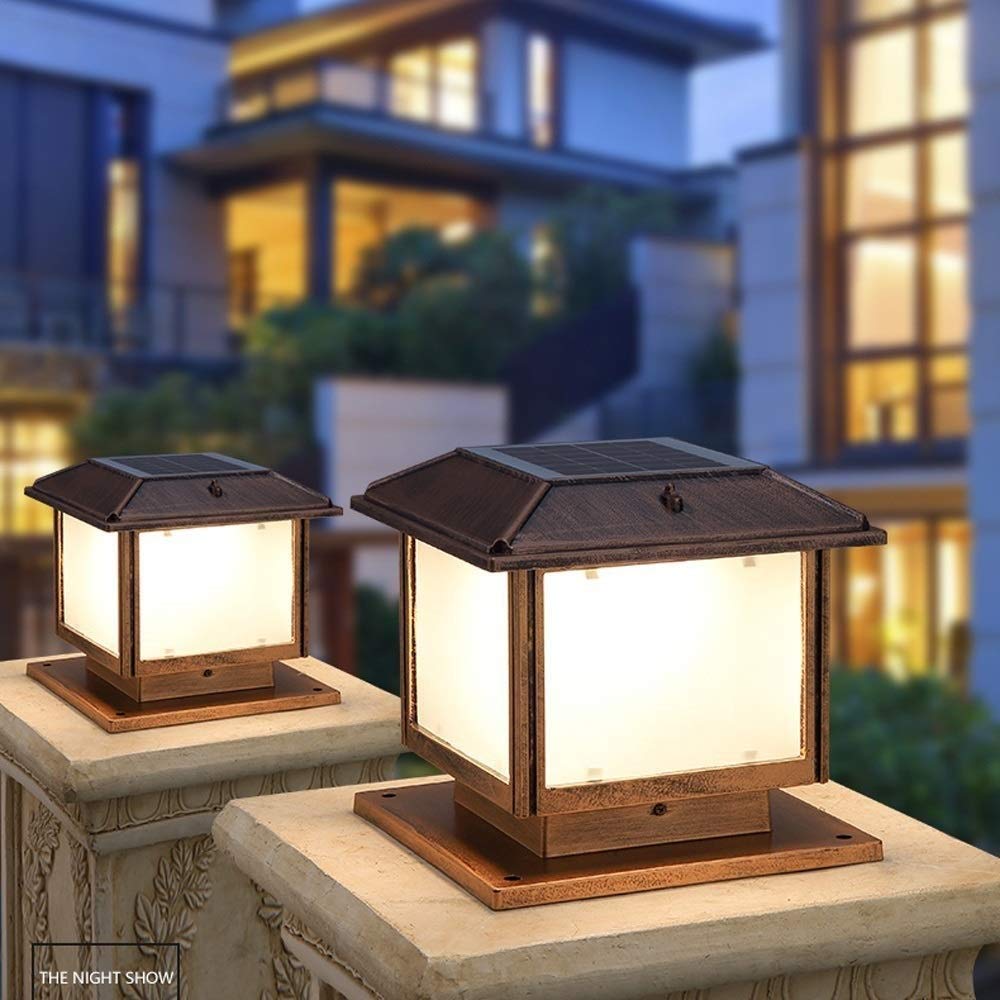 Lampa zewnętrzna, rustykalny brąz krajobraz kolumna solarna lampa solarna LED do ogrodu, oświetlenie kolumny aluminiowej, szkło, słupek w stylu vintage, klasa wodoszczelności IP54