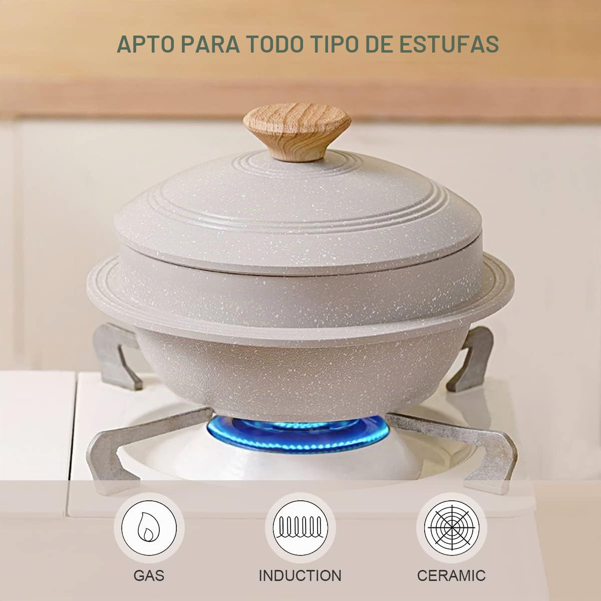 Cacerola Alta con Tapa, 20 cm Coreano Dolsot Bowl Olla de Piedra Antiadherente, para Bibimbap Sopa - Blanco