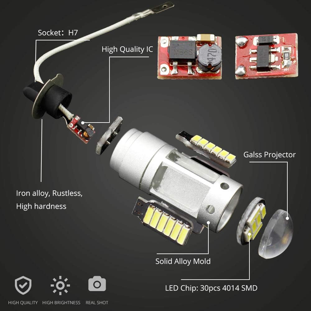 2PCS H3 4014 High Power Chips 30SMD Bulbs Car Auto LED Headlight Fog Light Drving Light Replacement 800LM With Lens DC 12V (White) (2xH3-4014-30-W)