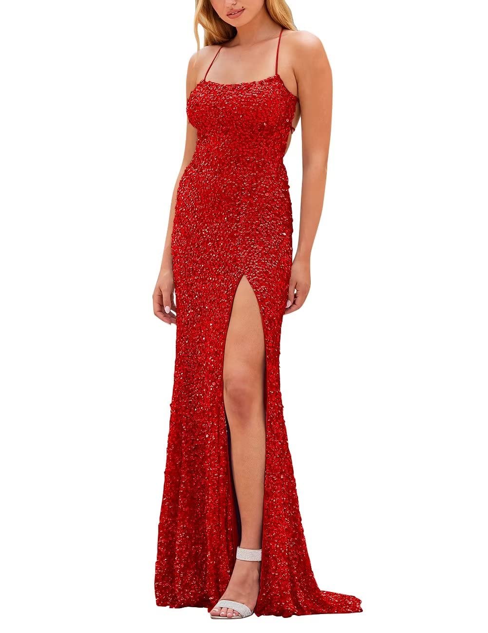 Women's Sequin Prom Dresses with Slit Mermaid Sparkly Glitter Evening Gown Spaghetti Straps Long Formal Dress Plus Size