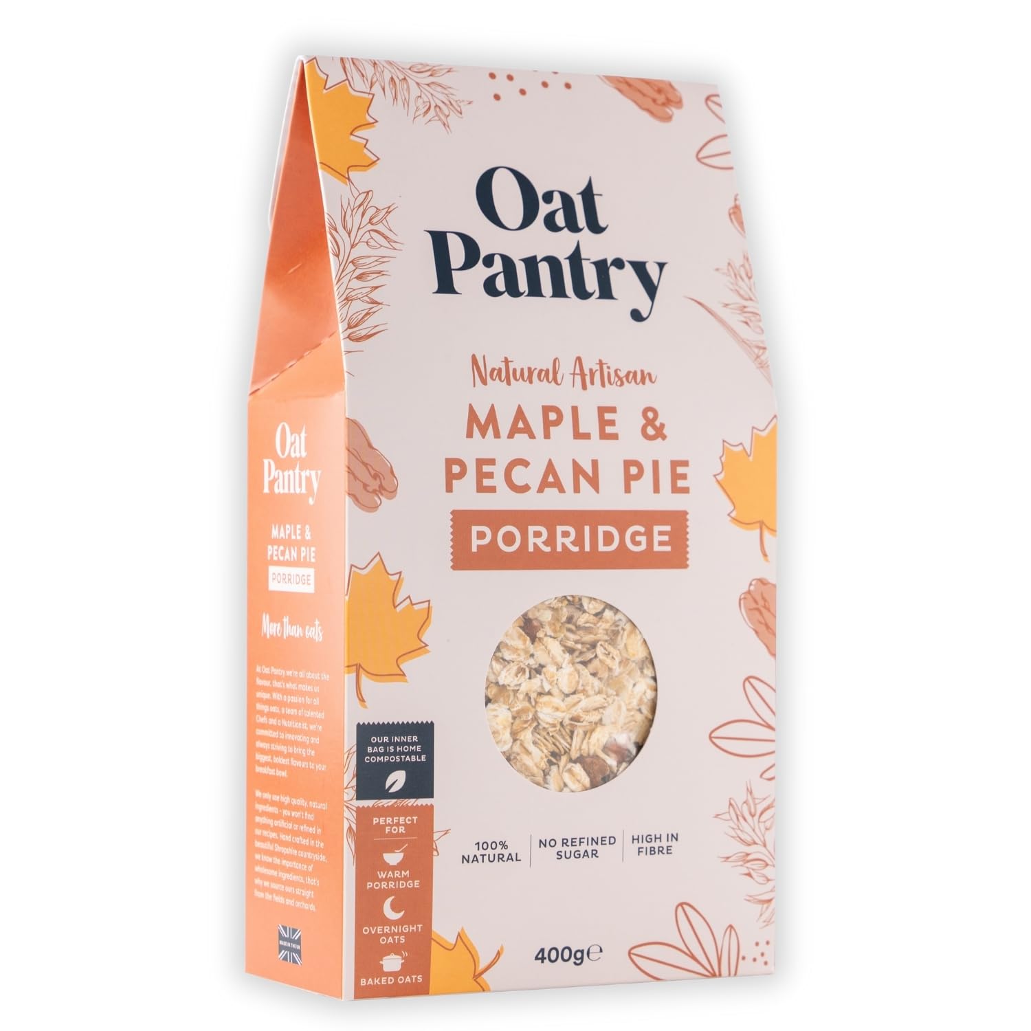 Oat Pantry Maple & Pecan Pie Porridge Oats, 400g (10 Servings) | 100% Natural, Gluten Free, High in Fibre, Vegan, No Refined Sugar | Made in UK
