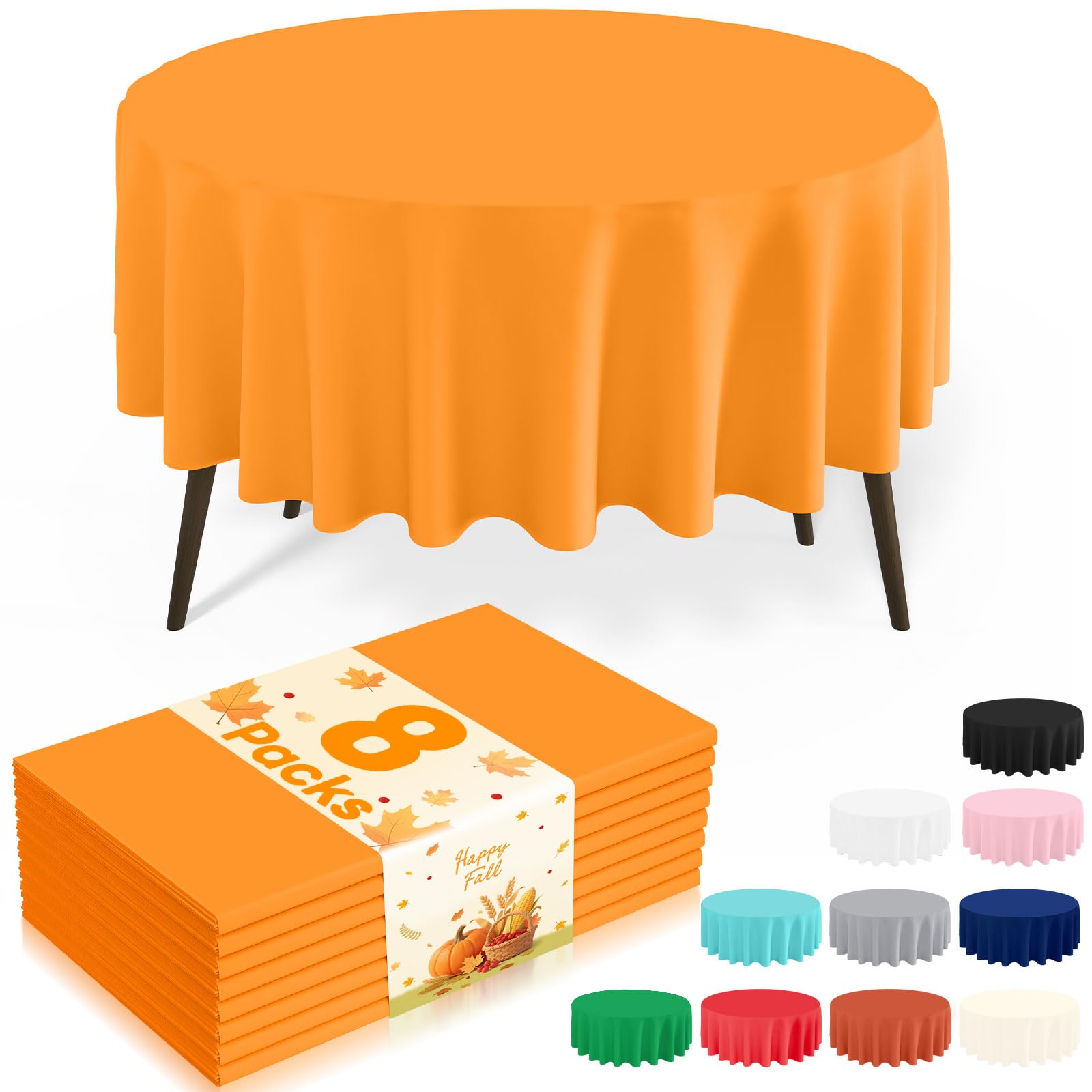 misaya 8 Packs Disposable Plastic Table Cloth, 84" Round Waterproof Tablecloth, Leakproof &amp; Sturdy Decorative Table Covers for Picnic, Party, Outdoor and Halloween, Orange