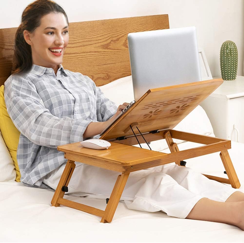 Ostin Portable Light Weight Wooden Bed Table Stand for Laptop Desk Lap Desk Notebook Pad Tablet Book Tray Organizer with Folding Legs & Adjustable Height Natural Bamboo Laptop Table