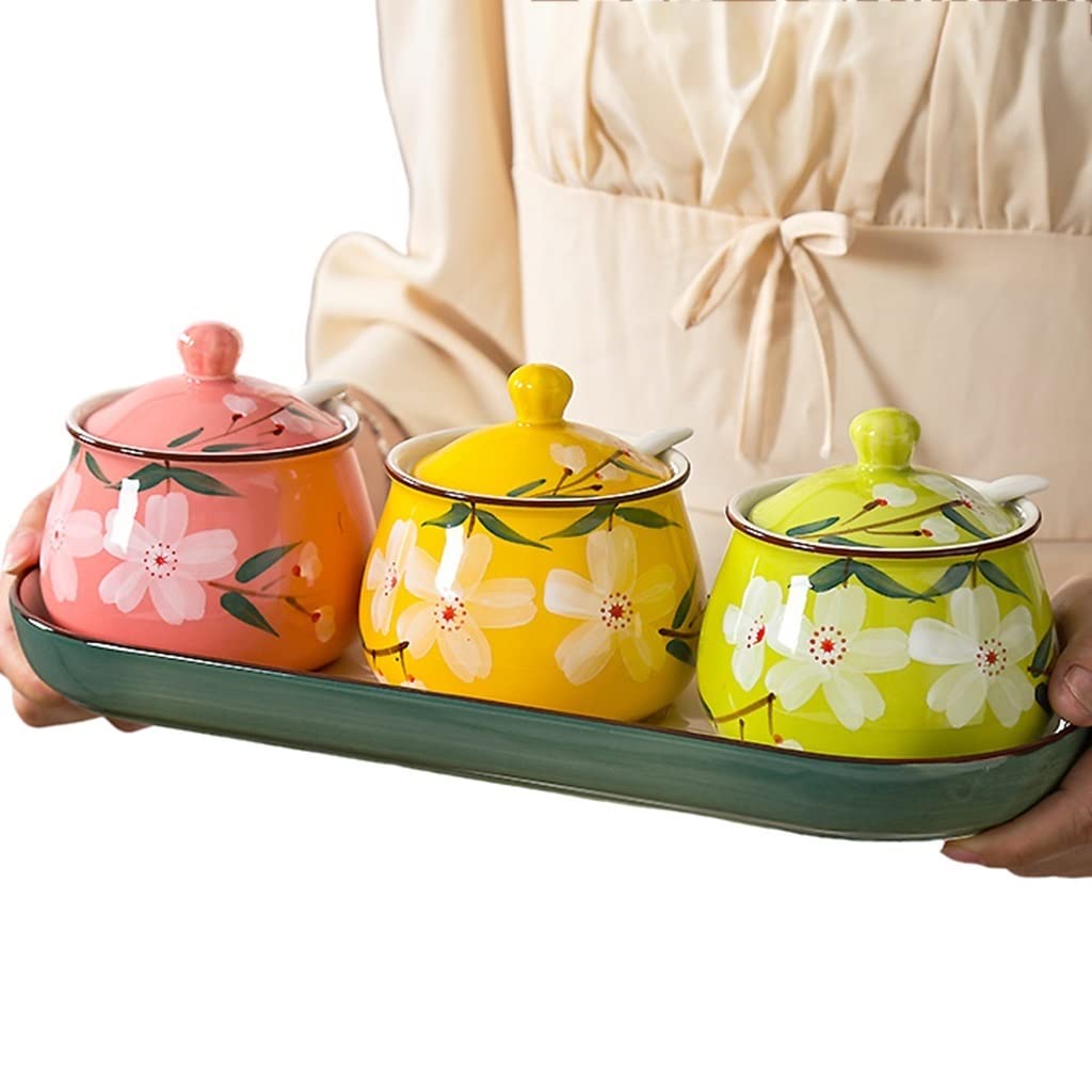 MokidSeasoning jar Seasoning Box Set Beautiful and Practical Seasoning Jar Salt Pot Seasoning Pot Kitchen MSG Sugar Seasoning Box Hotel Party Seasoning Jar (Color : Jar*3+trayA)