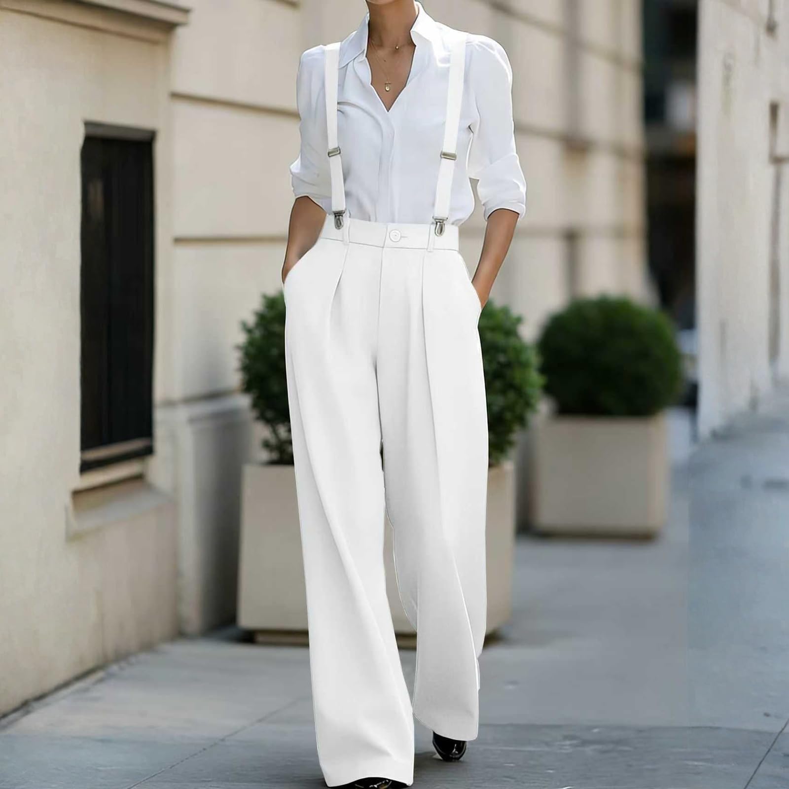 Anzughose Damen High Waist Weites Bein Hosenträger Damen Breit Lang Palazzo Hose Elegant Mit Knöpfen Hosen Business Mit Träger Damenhosen Büro Baggy Latzhose Marlenehose Elegante Freizeithose