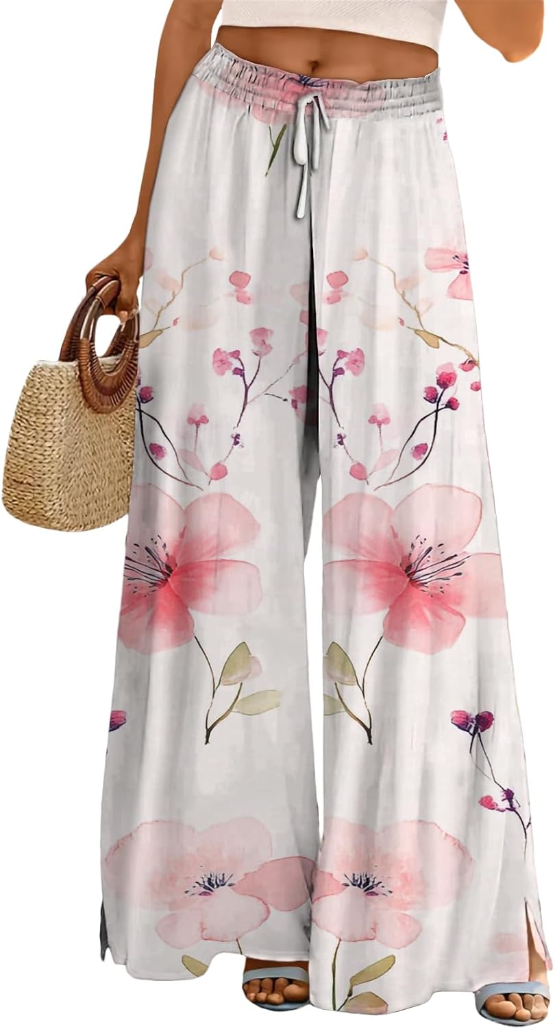 Women Casual Pants Loose Fit Wide Leg High Waist Palazzo Pants Boho Floral Summer Lounge Trousers