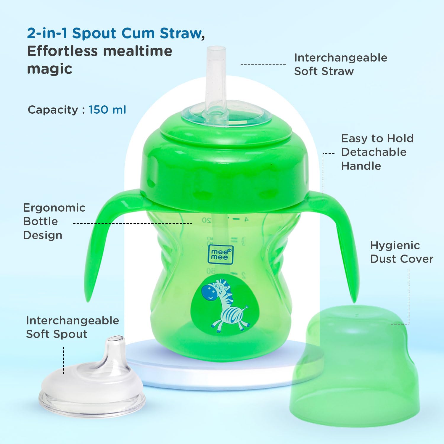 Mee Mee Baby Trainer Sippy Cup | Soft Spout, Leakproof Sipper for Toddlers | Dual Handle for Easy Grip | Non -Toxic, Lightweight & BPA Free, Green (150 Ml) - Image 3 thumbnail