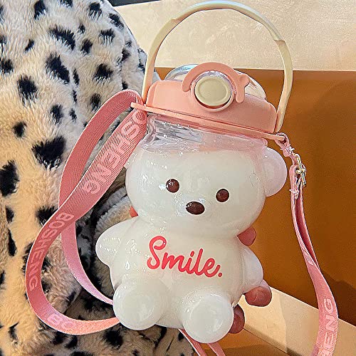 Large Kawaii Bear Shaped Water Bottle with Straw and Strap Cute Portable Water Bottles for Teens Girls School Sports Daily Creative Milk Tea Juice Drinking Bottle Jar Leakproof BPA Free (34oz, Pink)