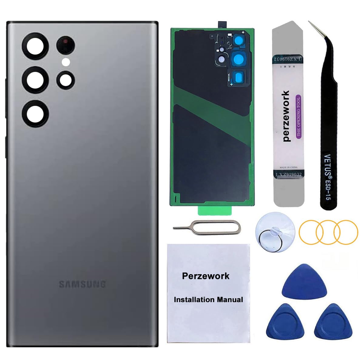 Perzework Rear Back Glass Replacement for Samsung Galaxy S22 Ultra (Graphite) 6.8 inches 5G with Reparing Toolkit and Pre-Installed Adhesive