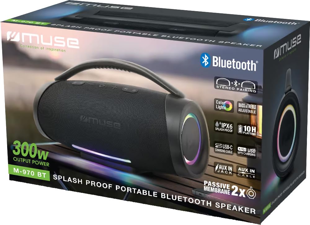 Muse M970BT. Altavoz Bluetooth Resistente a Las Salpicaduras con Luces incorporadas.300 W de Potencia. Manos Libres. Concector de Carga USB-C. Puerto USB de Carga y repodrucción.