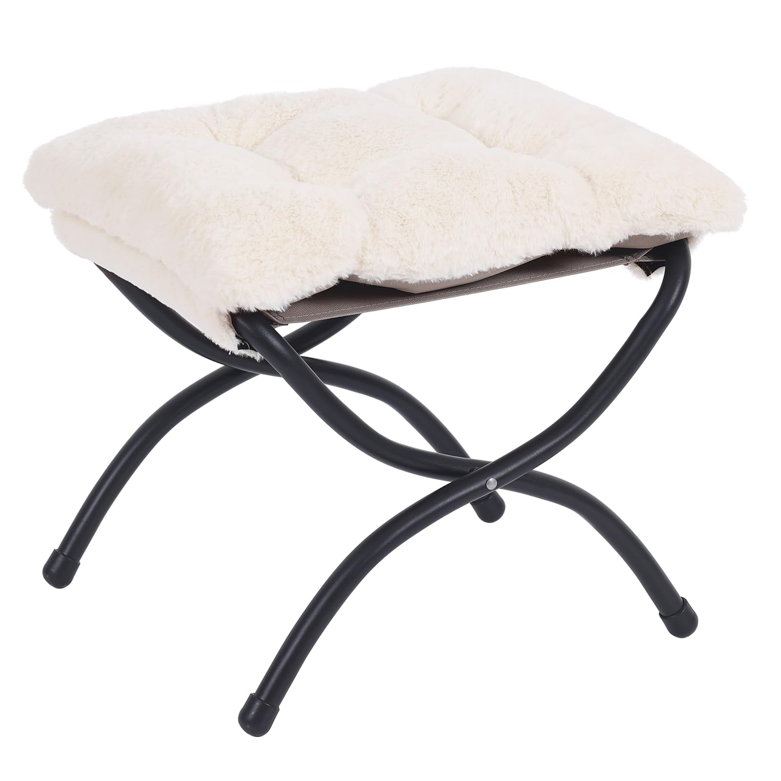LITA Folding Upholstered Footrest Stool, Modern Small Portable Accent Ottoman with Detachable Thick Cotton Cushion Padded Sofa Stool with Metal Frame for Lazy Chair, Living Room & Bedroom, Plush Beige