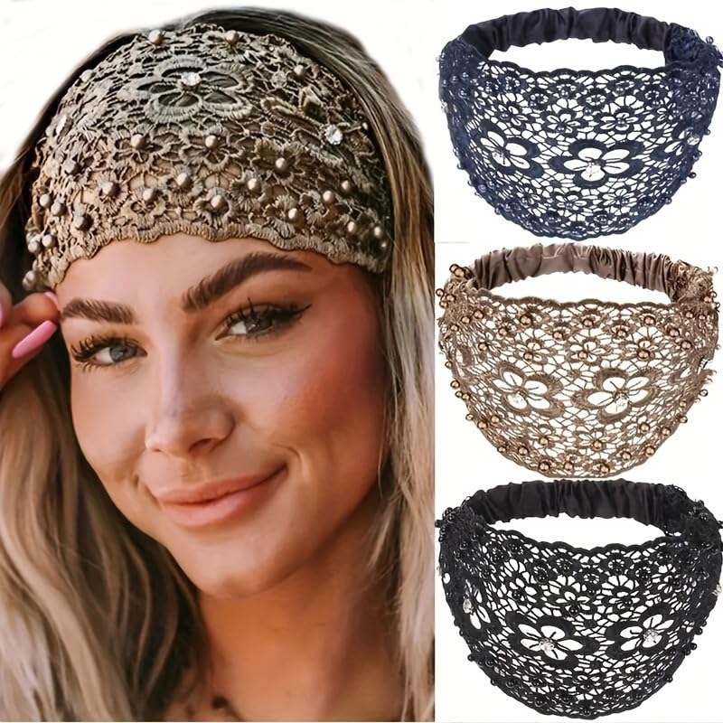 melodio 3Pcs Lace Headband Set for Women, Wide Floral Pearl Lace Elastic Headband, Women's Fashion Hair Accessory, 3 Colors (Navy, Black, and Coffee)-picture-56