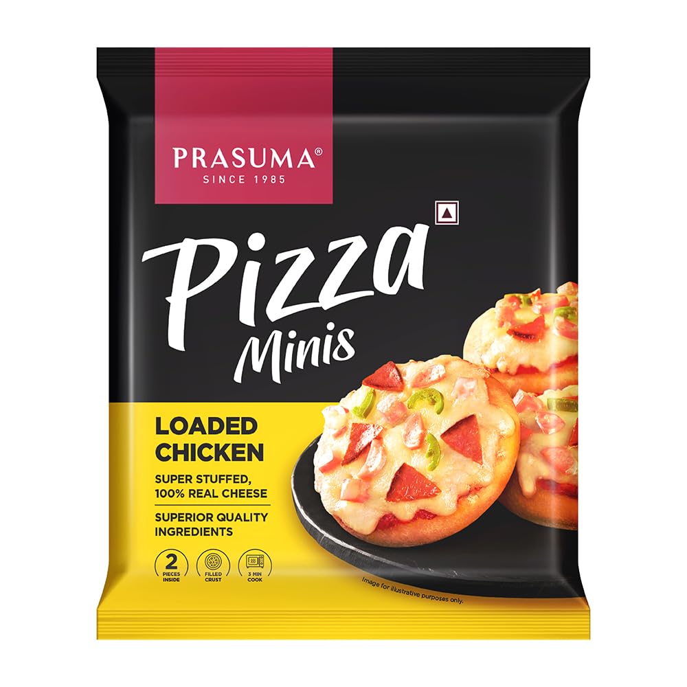 Prasuma Loaded Chicken Pizza Minis, 180g | Super Stuffed with Mozzarella Cheese | No MSG | Easy cook — Tavaa, microwave, oven or airfryer | Ready in 5 Mins