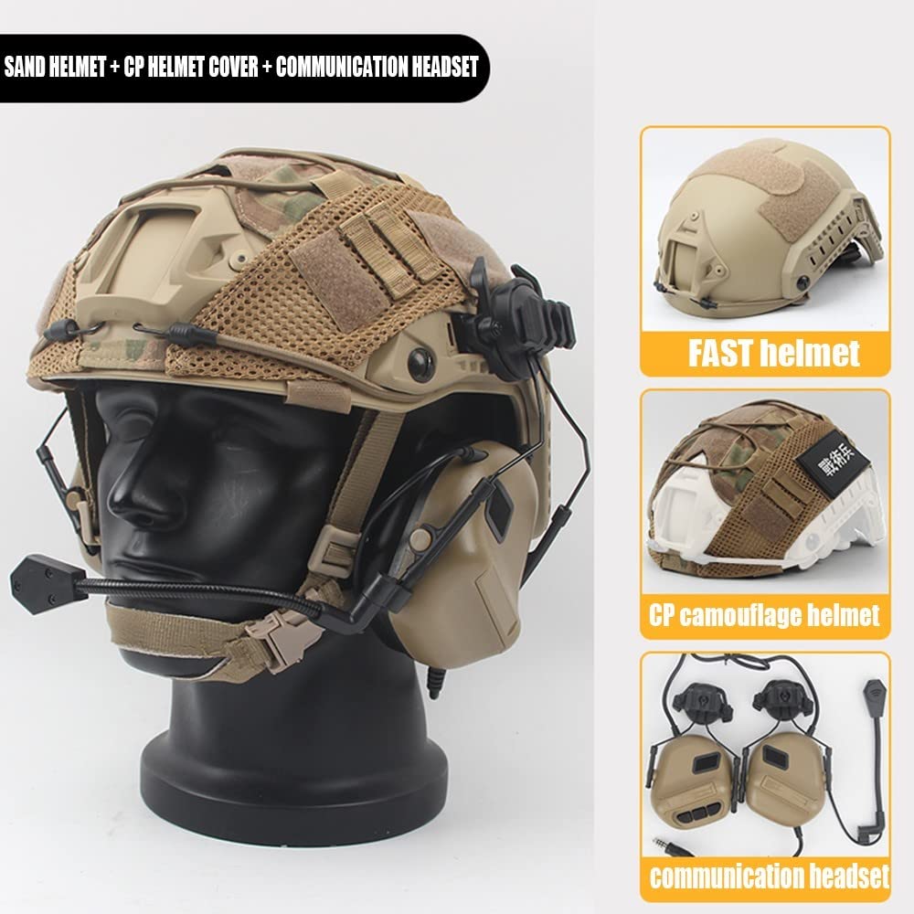 Set Casco Tattico, Leggero Stile Militare Copricapo di Sicurezza con Auricolare Tattico E Copertura per Casco per All'aperto Airsoft Paintball CS Game CQB Shooting
