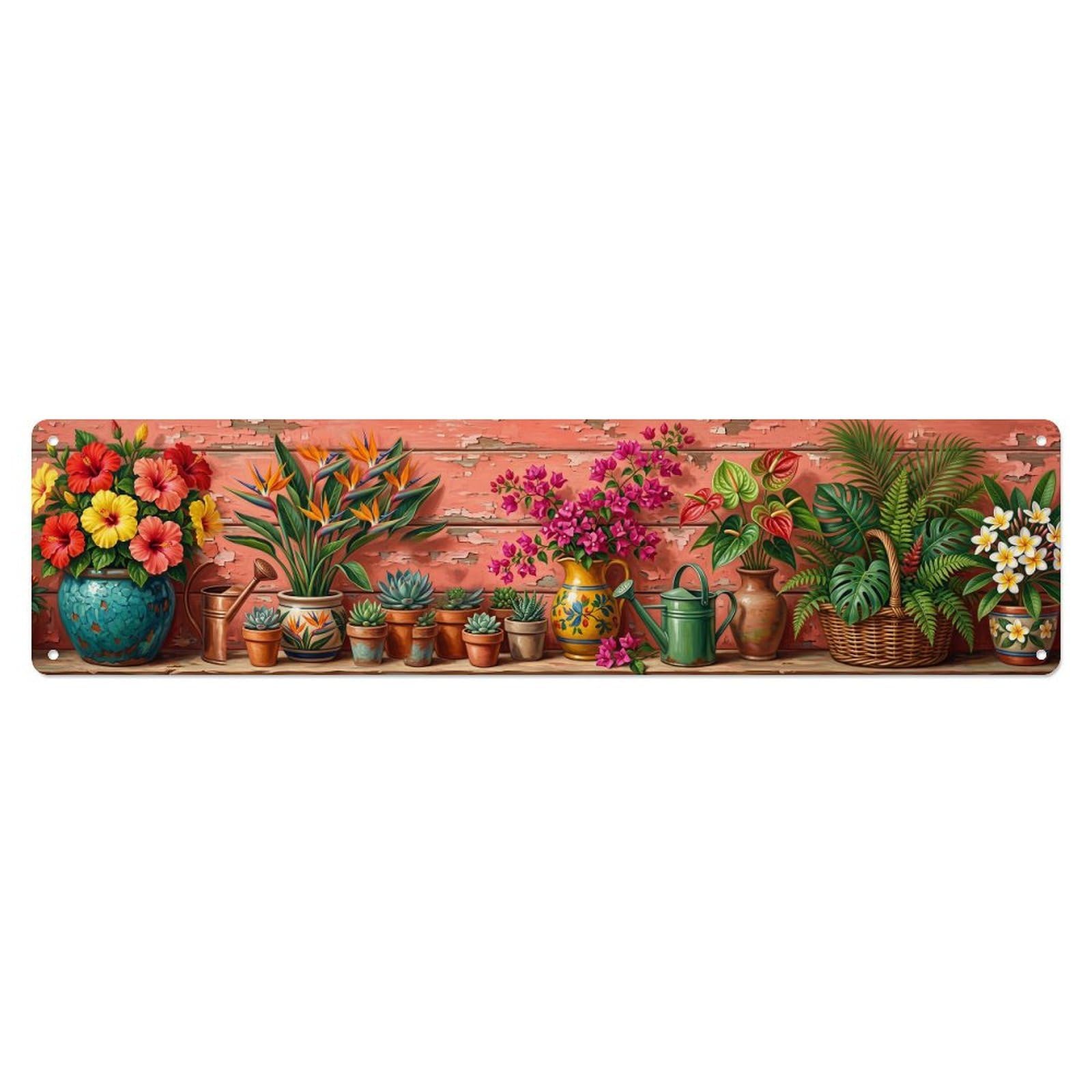 Floral Garden Tools Tropical Greenhouse Pattern Print Metal Tin Sign