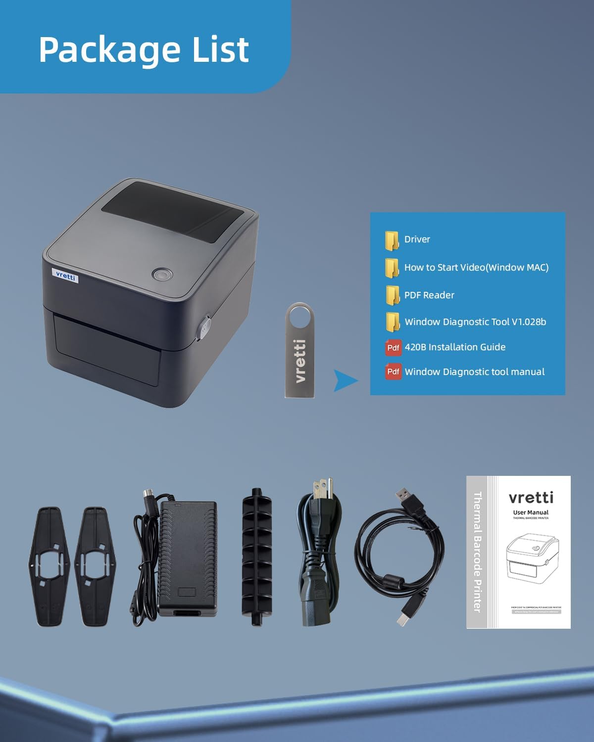 Contents of the vretti 410B printer package, including the printer, power adapter, USB cable, label guides, and a user manual.
