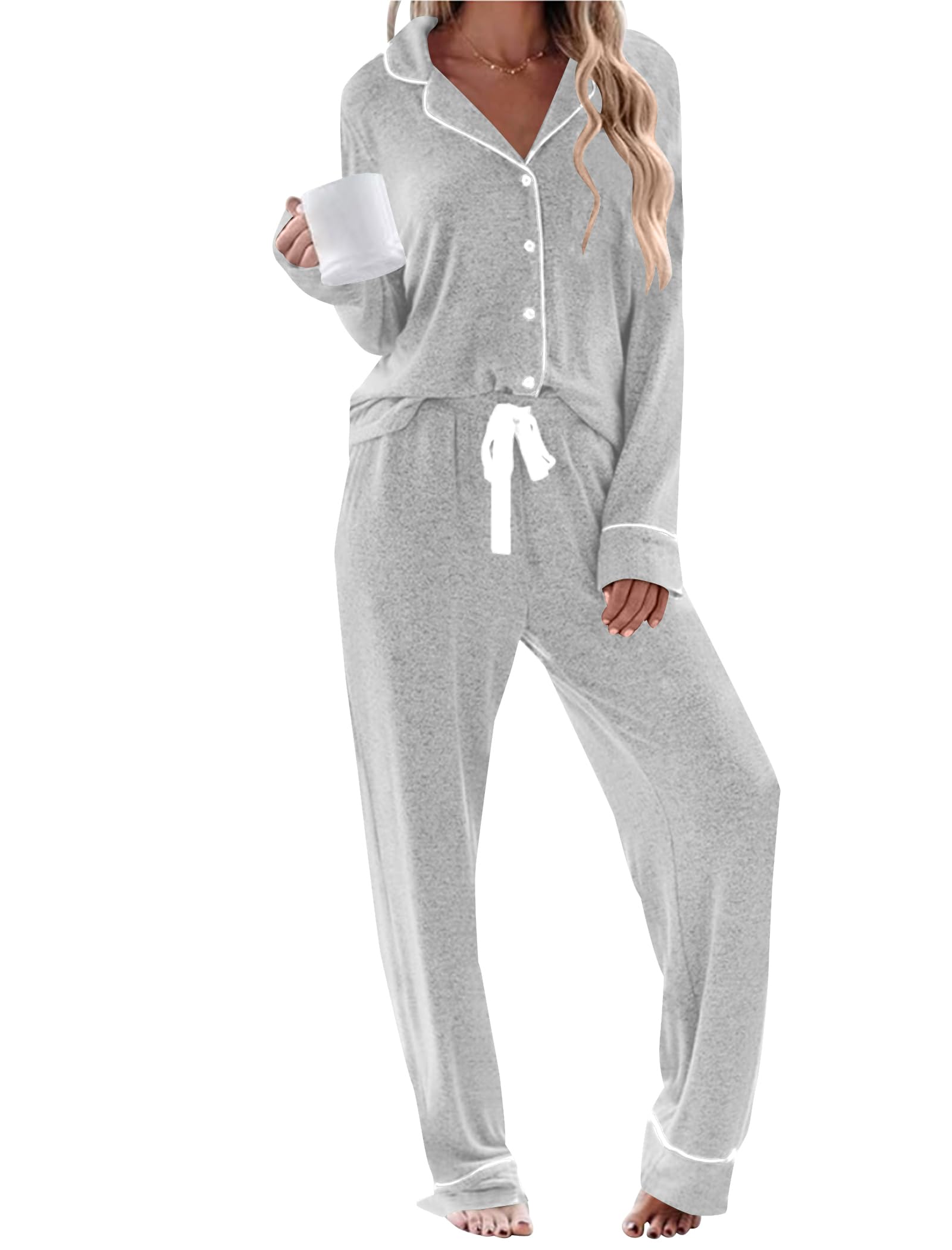 TBMPWISH Women's Soft Long Sleeve Pajamas Set S-XXL with Pockets for Sleep Relax and Lounge 