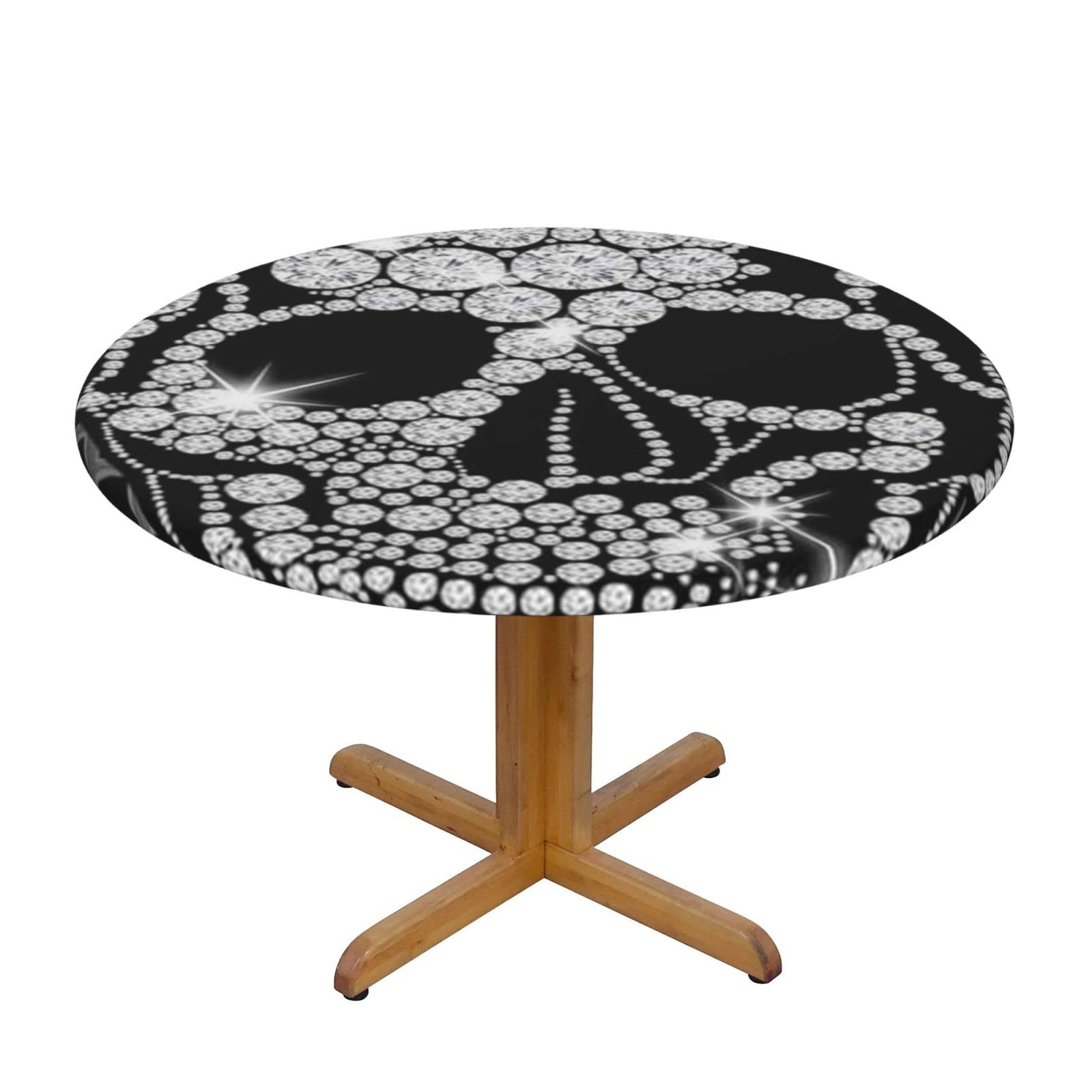 Lsjuee Round Fitted Tablecloth 40-44in Elastic Edged Table Cloth for Kitchen Dining Party Home Decor - Skull Bright Diamond Abstract