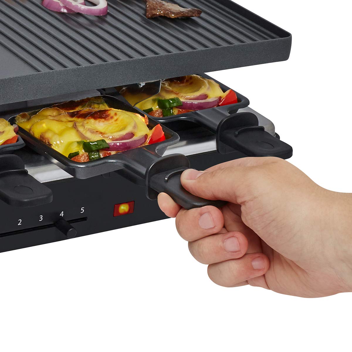 Cloer 6446 Raclette gril avec plaque en aluminium moulé sous pression - utilisable des deux côtés, 8 poêles à raclette à revêtement antiadhésif avec poignées calorifugées, 1200 W, noir