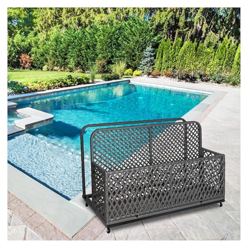 TROPOW Poolside Float Storage Box with Rolling Wheels - Ideal for Poolside, Patio, Beach - Ample Storage Space with Fold-Out Shelves - PE Rattan Outdoor Organizer in Diamond Gray
