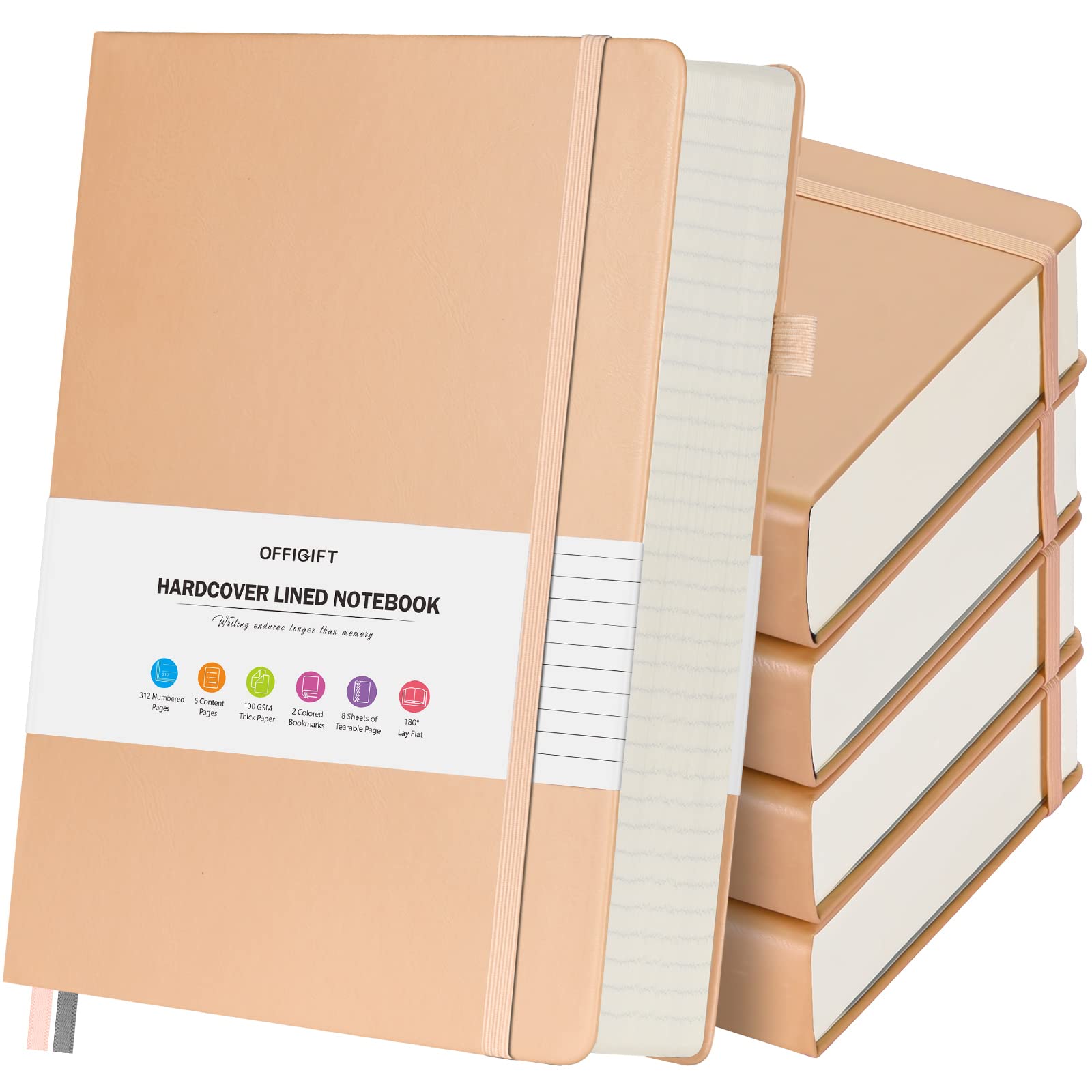OFFIGIFT 5 Pack College Ruled Notebook, 312 Numbered Pages Thick Notebooks Bulk, 100gsm No Bleed Paper Hardcover Leather Journal, Lined Journal Notebook Set for Women Men School Office, A5, Pink