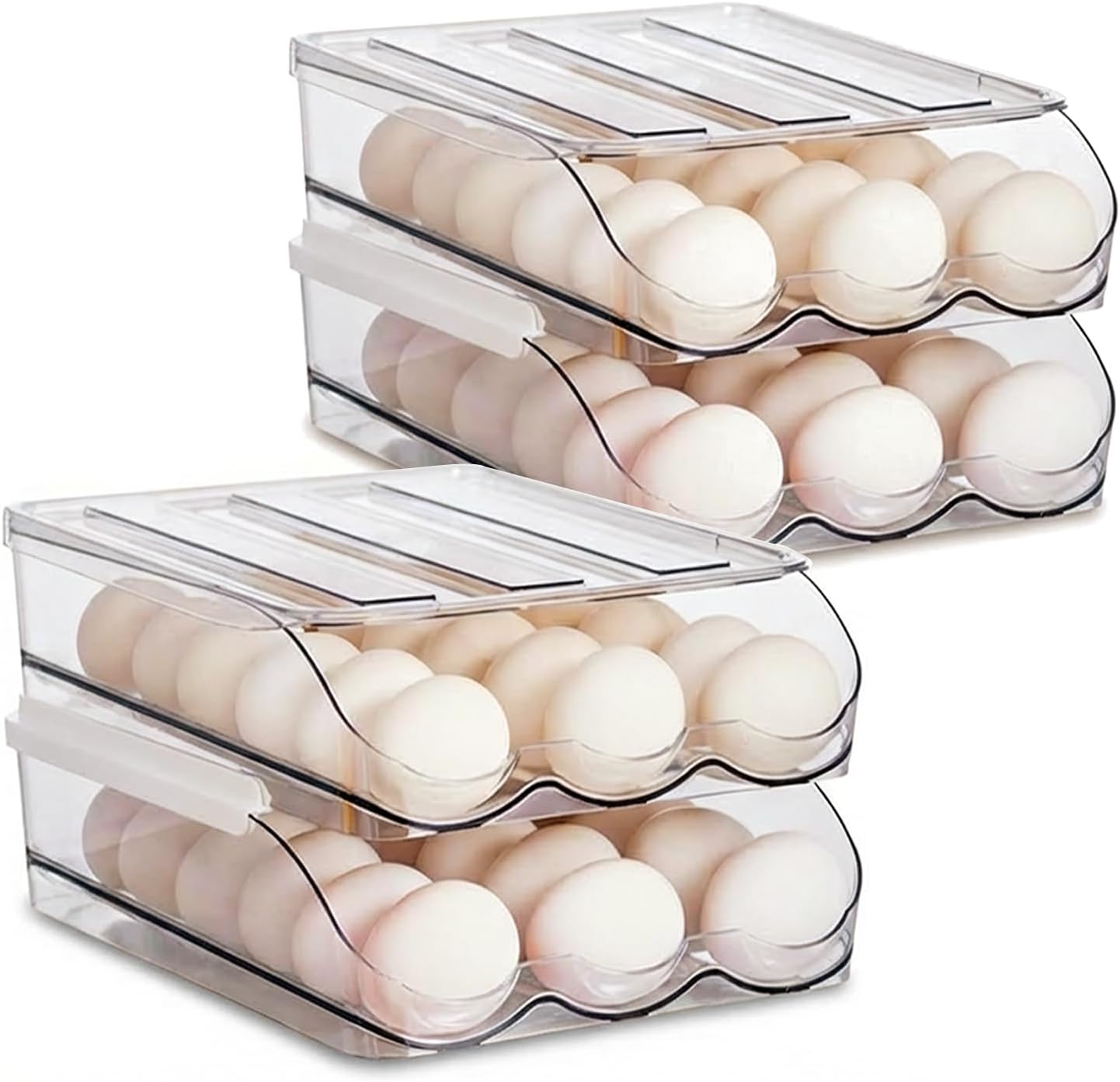2 Tier Egg Holder for Refrigerator with Lid, Large Capacity Holds 36 Eggs in Clear Plastic Container Stackable Bin Organizer for Kitchen Storage, Refrigerator