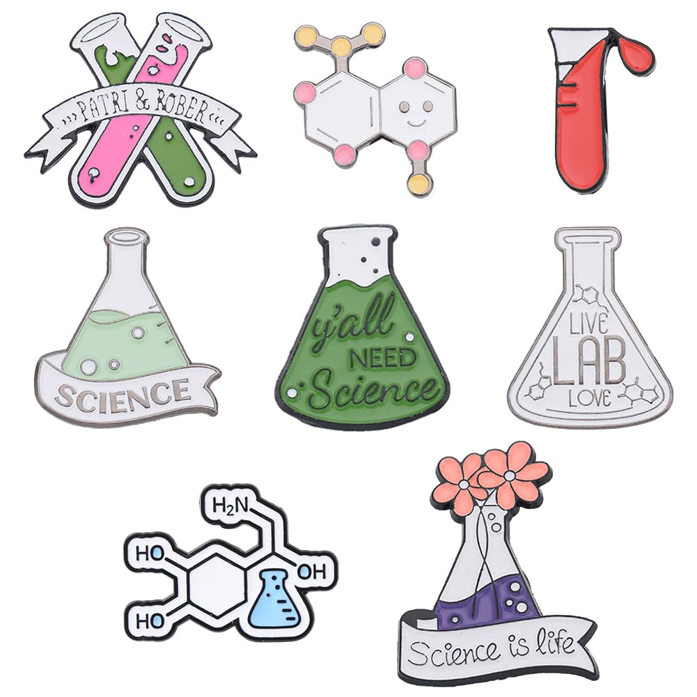 SUNNYCLUE 1 Box 8Pcs Enamel Science Pins Science Lapel Pins Enamel Kawaii Brooch Cute Cartoon Back to School Lapel for Backpacks Laboratory Women Men Graduation Gift Clothes Decor