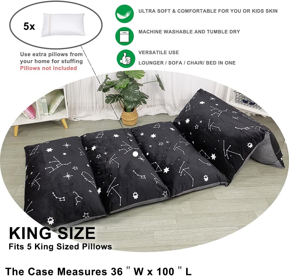 ICOPUCA Floor Lounger Pillow casing for boy Girl, Soft Minky Plush, Black Constellation Print, Cover/Sleeve/Casing ONLY! Perfect Reading and Watching TV Cushion - Excellent for Sleepovers, King Size;