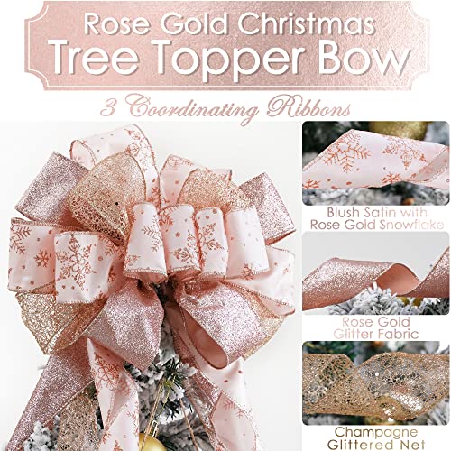 Meedee Rose Gold Tree Topper Bow Large Rose Gold Bow Rose Gold Christmas Decorations 12" Wide Christmas Bow Glitter Rose Gold Snowflake Christmas Tree Topper Bow Wreath Bow Garland Lantern Bow, 1 Pack #TOP1