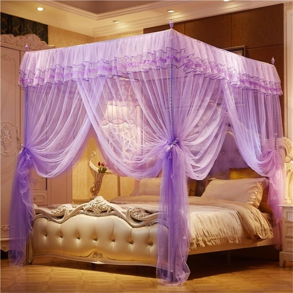Lace Canopy Bed Curtains, Encrypted Mesh Canopy for Bed, Luxury Mosquito Netting for Adults, Cozy Drape Square Netting(Purple,47.2x78.7in)