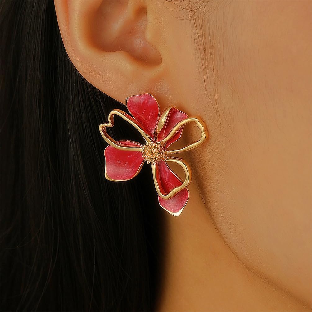 Trendy Retro Gold Red Double-Layered Hollow Floral Earring for Women, Statement Cute Enamel Flower Petal Earrings Boho Holiday Party Jewelry Accessories - Image 3