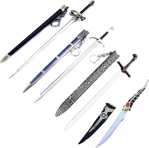 FAYAIALO Espada de aguja Arya Stark de 8.2 pulgadas de metal Jon Snow Longclaw Jaime Lannister Valyrian Sword Collections Gift, Juego de 4 piezas