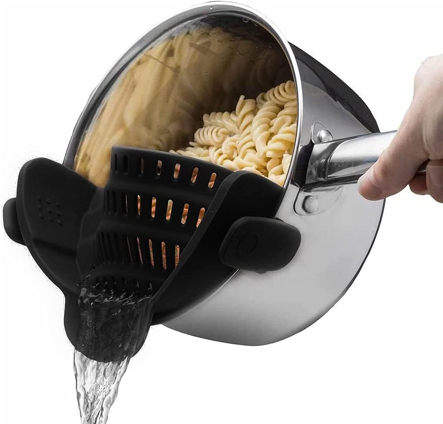 Kitchen Gizmo Snap N Strain Pot Strainer and Pasta Strainer – Adjustable Silicone Clip On Strainer for Pots, Pans, and Bowls – Black