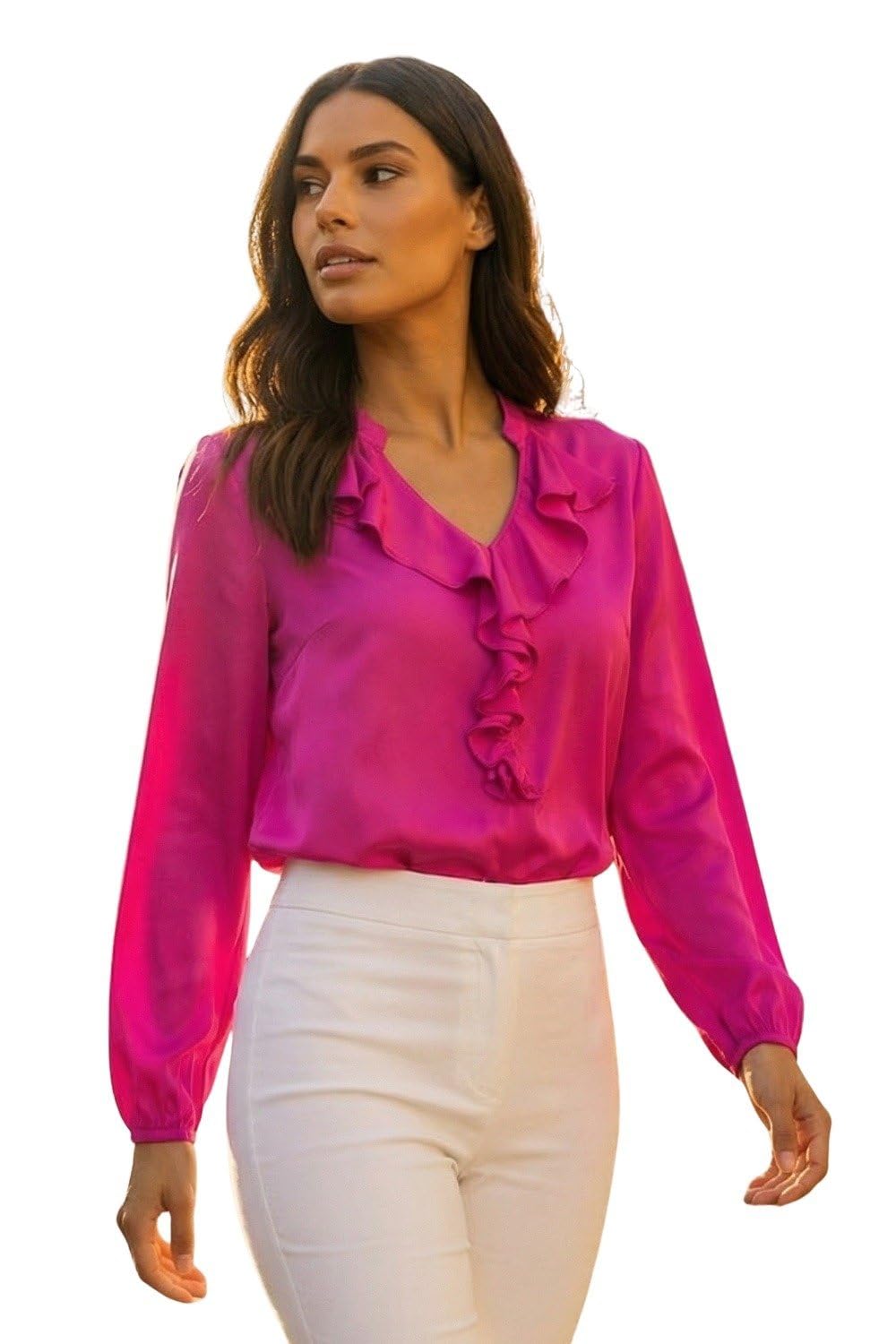Roman Women's Cerise Satin Ruffle Neck Blouse Size 16