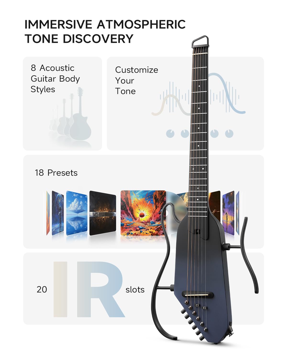 Donner Chitarra Acustica Elettrica HUSH I PRO Chitarra da Viaggio con Multiple Modalità di Effetto Smart Kit Guitarra di Auricolari, Gig Bag, Tracolla, Cavo di Ricarica, Nero