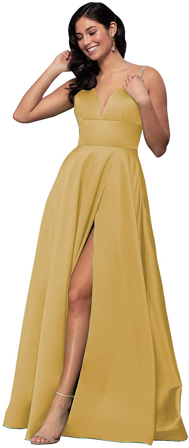 XSWPL Spaghetti Straps V Neck Slit Long Prom Dress Beaded Satin Formal Evening Party Gow