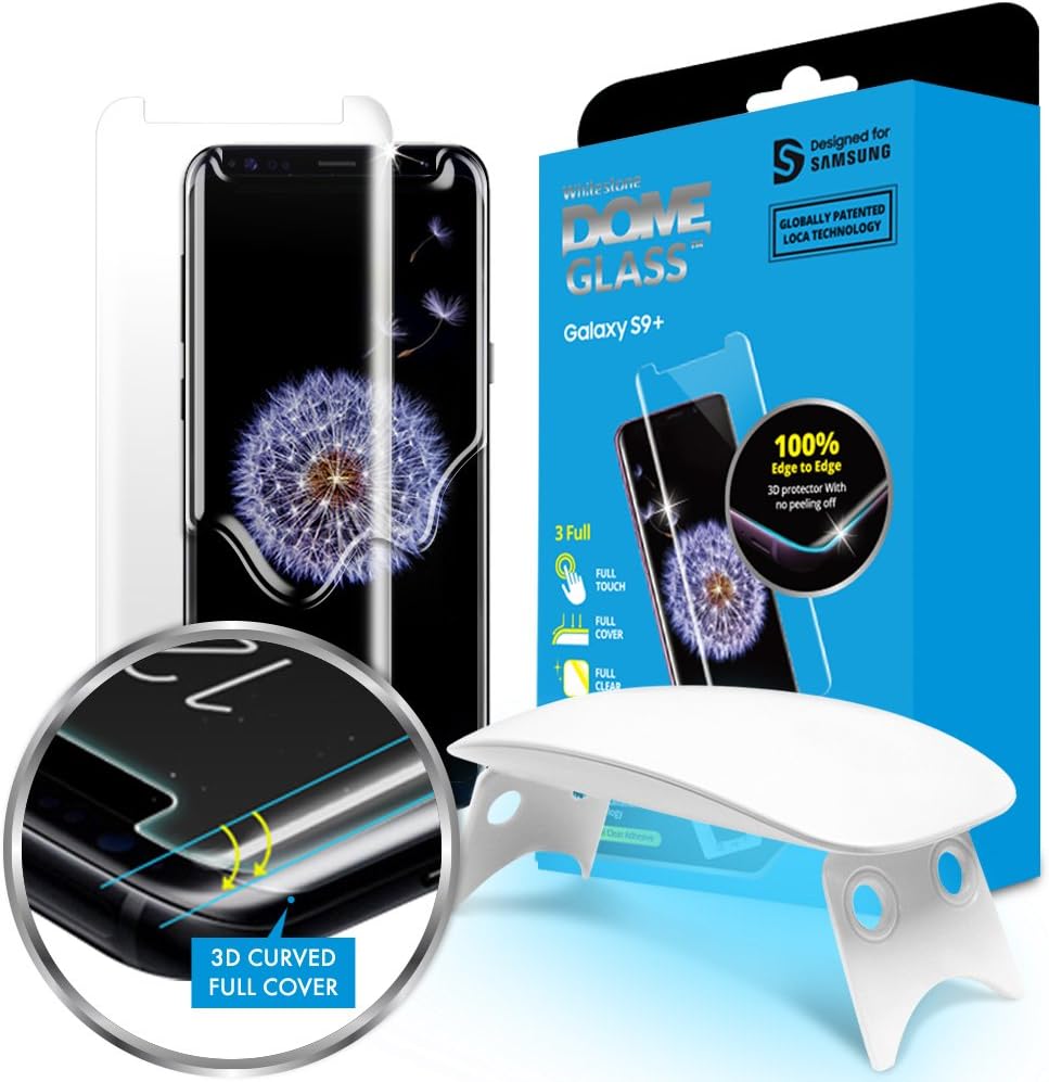 Dome Glass Galaxy S9+ Screen Protector Tempered Glass Shield, Full Screen Coverage 3D Curved [Liquid Dispersion Tech] Easy Install Tray and UV Light by Whitestone for Samsung Galaxy S9 Plus (2018)