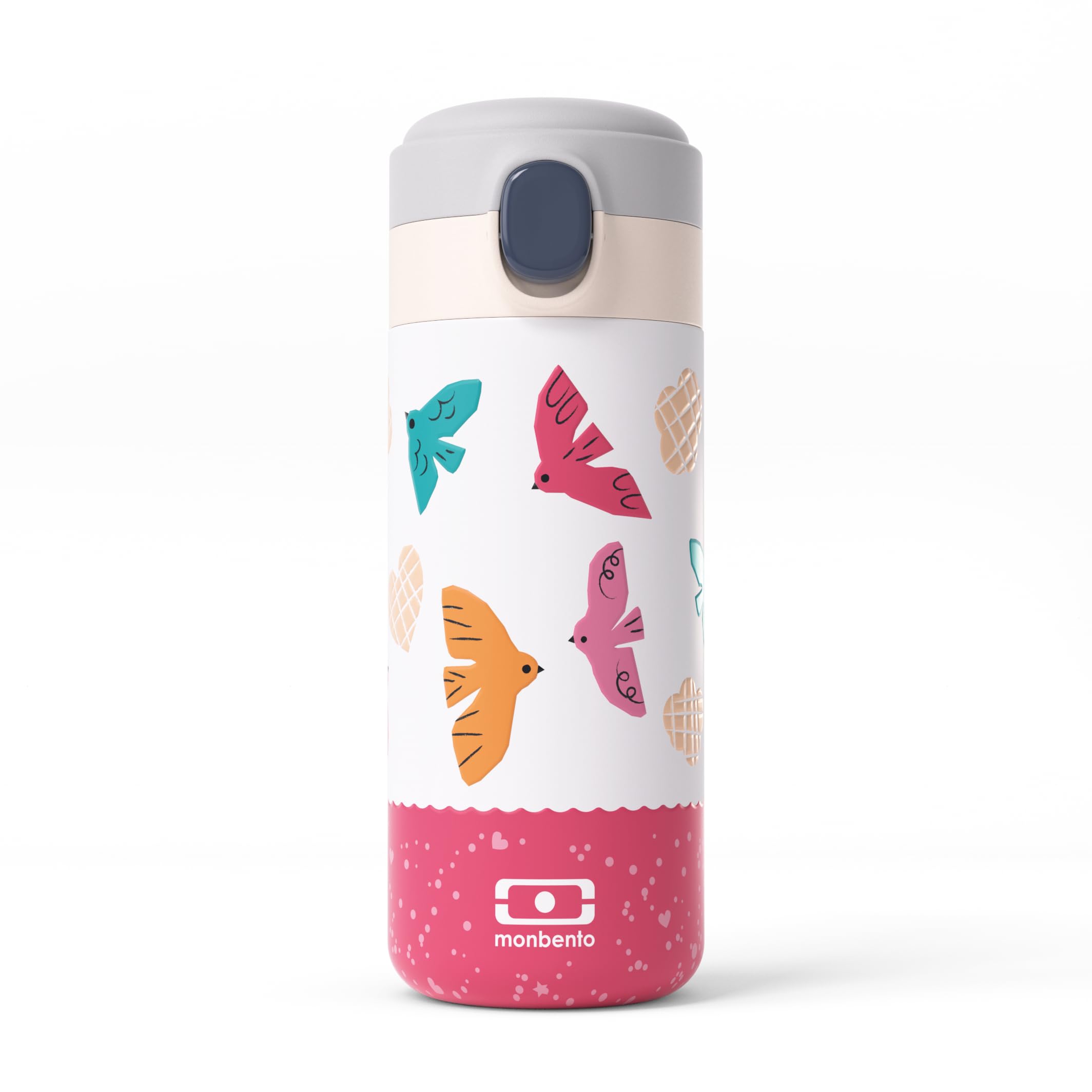 MONBENTO, Kids Insulated Water Bottle Pop Pink Birds, 360 ml/13 floz Kids Stainless Steel Water Bottle