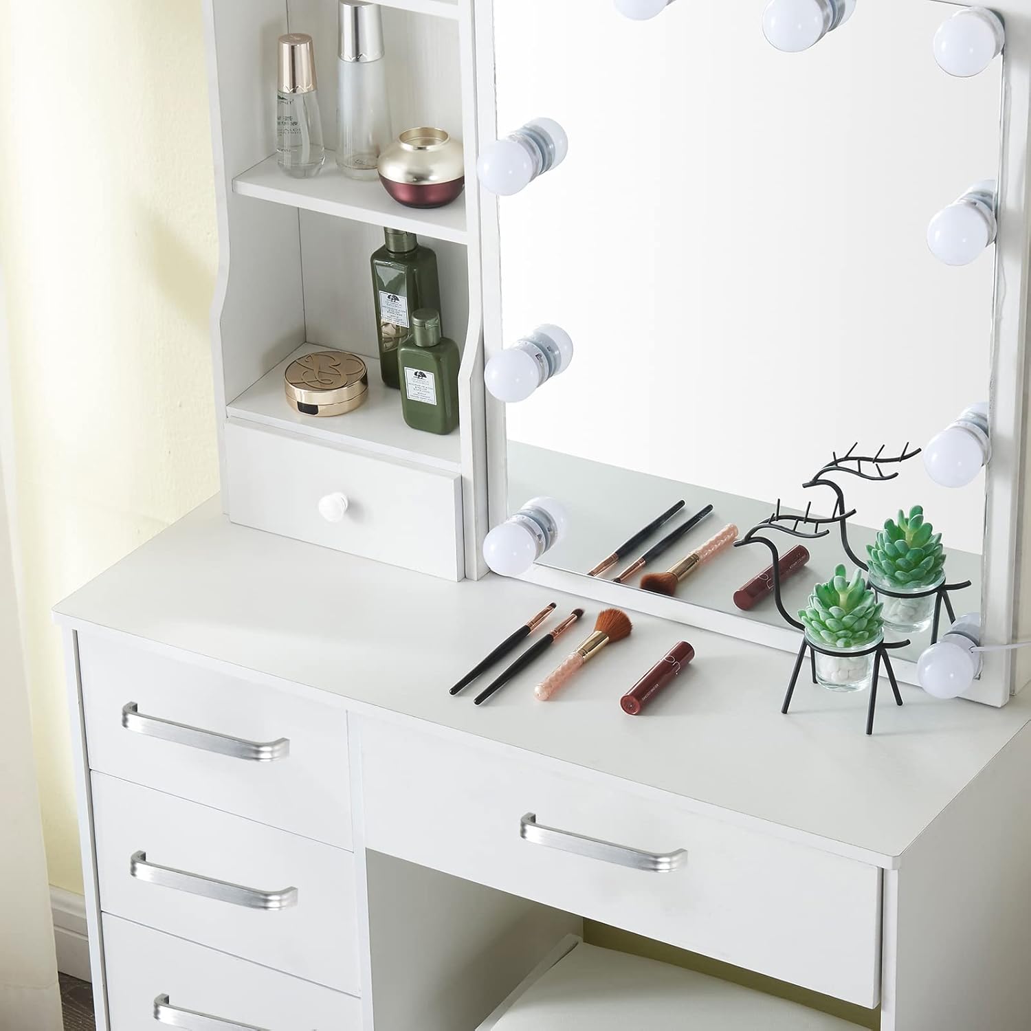 Vanity Desk with Lights and Mirror,3 Modes Adjustable 6 Drawers 6 Shelves 1 Chair & Slide Mirror Makeup Desk for Girls Adults Bedroom,White,51.6" H