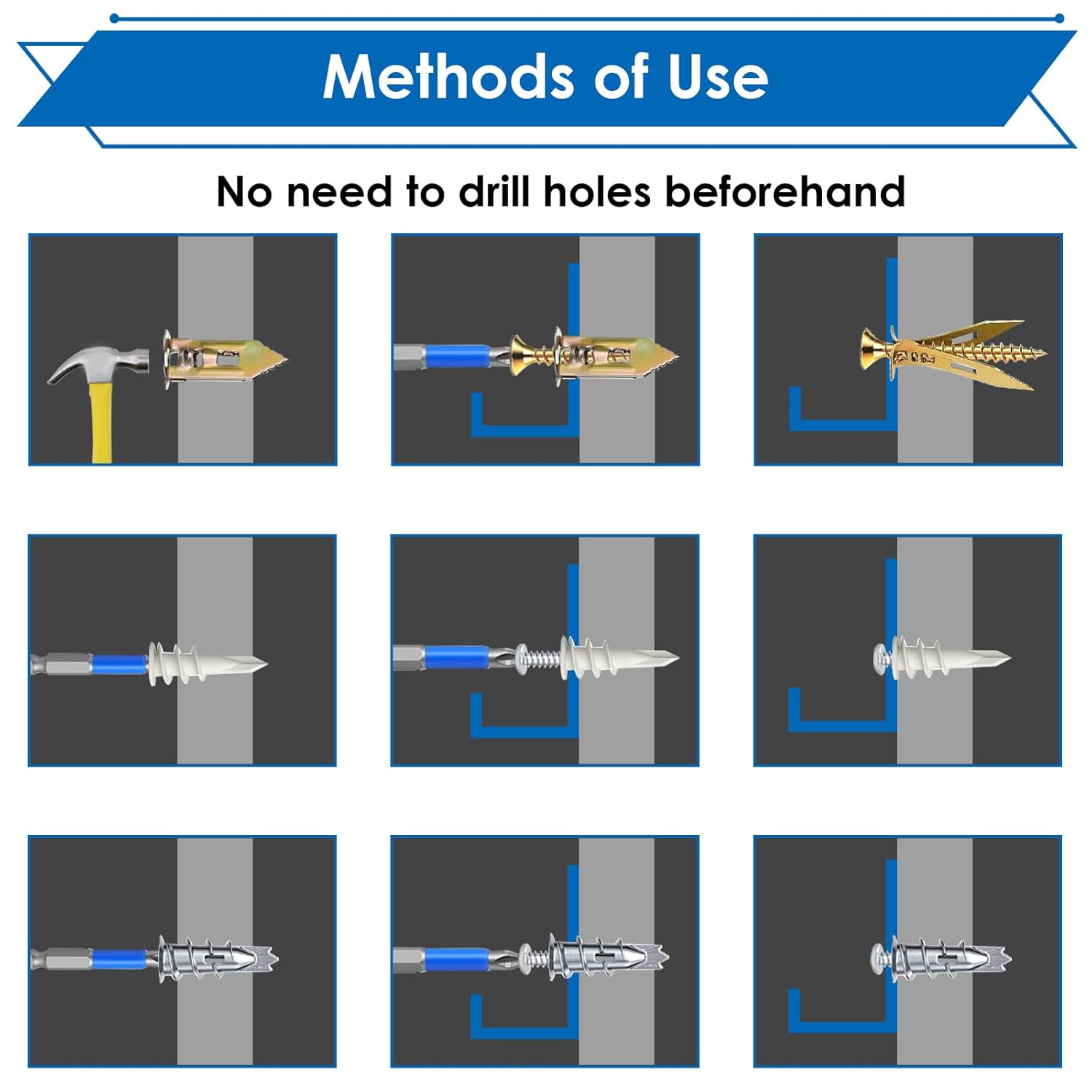 smseace 480 Pcs Self Drilling Dry Wall Anchors 4-Sizes Zinc Plated Steel and Plastic Sheetrock Anchors and 5-Sizes Self Drilling Anchor Screws Used for Hanging Picture Frames, Curtains, Plants, Clocks thumbnail