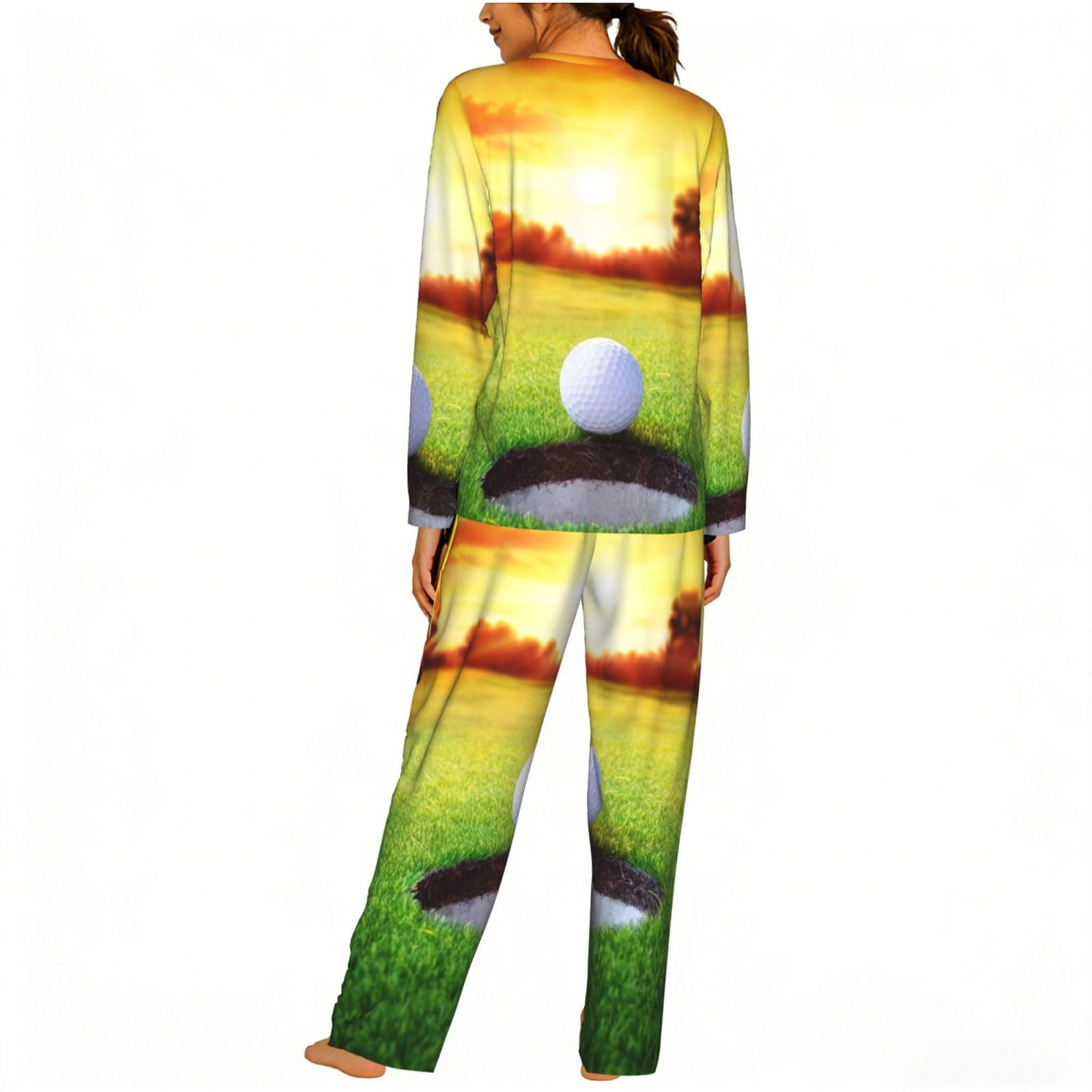 Sport Golf Ball Tramonto Albero Stampa Delle Donne Maniche Lunghe Pigiama Set Morbido Elastico Coulisse Casual Daywear