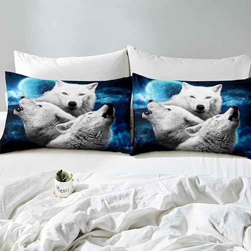 Miniatura 5 de Manfei Juego de funda de edredón con estampado 3D de lobo blanco, juego de ropa de cama de 3 piezas para decoración de habitación de niños y