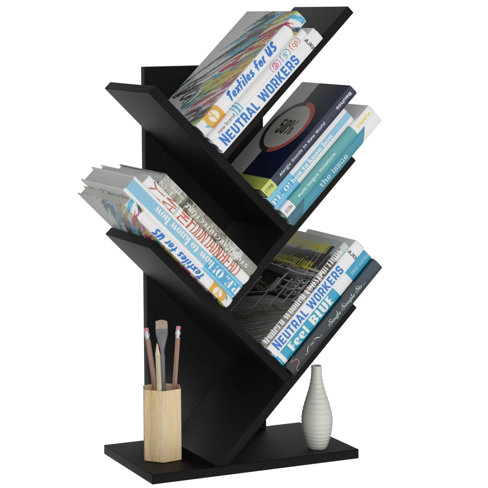 SHEEPAM 5 Tier Tree Book Shelf, Small Desktop Bookshelf with Storage Organizer, Wood Bookcase, Desk Display Bookshelves, Floor Standing Organizer