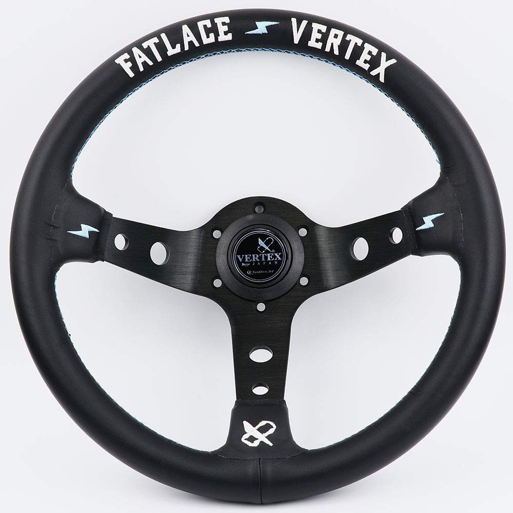 13inch Vertex Weiß Stickerei Schwarz-echtes Leder Drift Sport Lenkräder mit blauen Nähten Holzlenkrad (Color : Black)