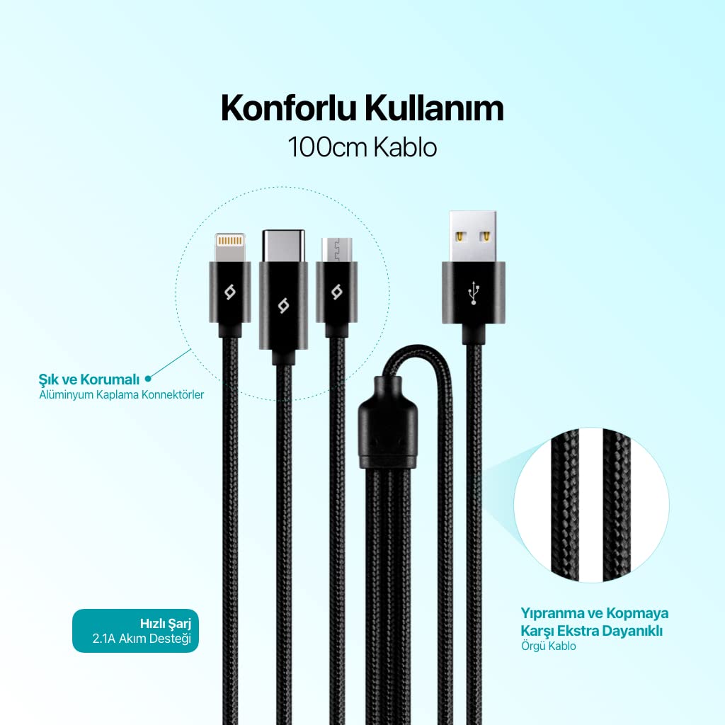 ttec AlumiCable Trio Şarj Kablosu 1mt. Type-C, Lightning, Micro USB