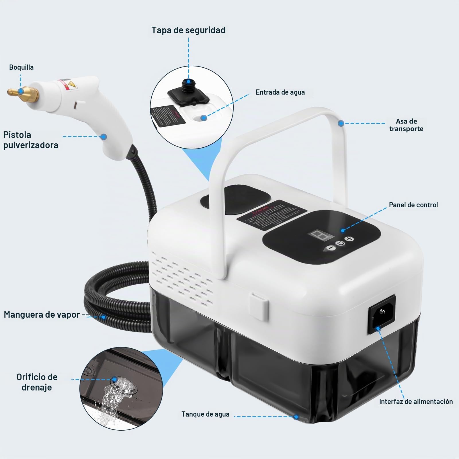 2500 W - Limpiador a vapor de mano, 3 bares de alta temperatura para una limpieza eficiente del hogar, 9 modos ajustables, capacidad de 1,2 L (blanco)