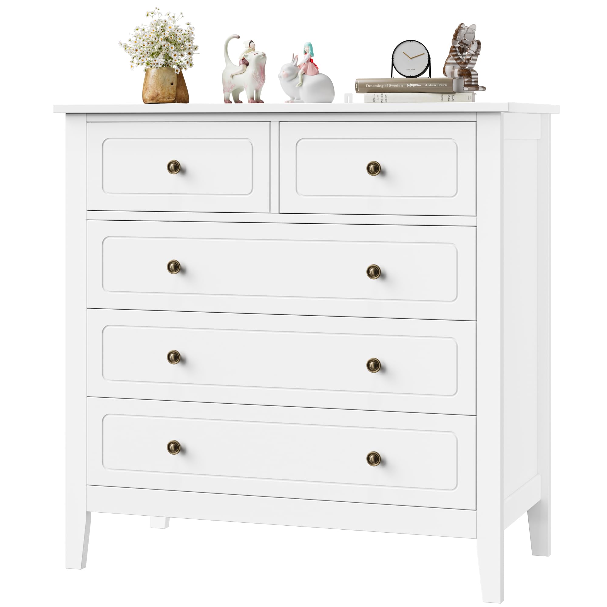 FOREHILL Bedroom Chest of Drawers White Sideboard 5 Drawers Storage Cabinet Cupboard Unit Bedroom Furniture 40x80x80cm