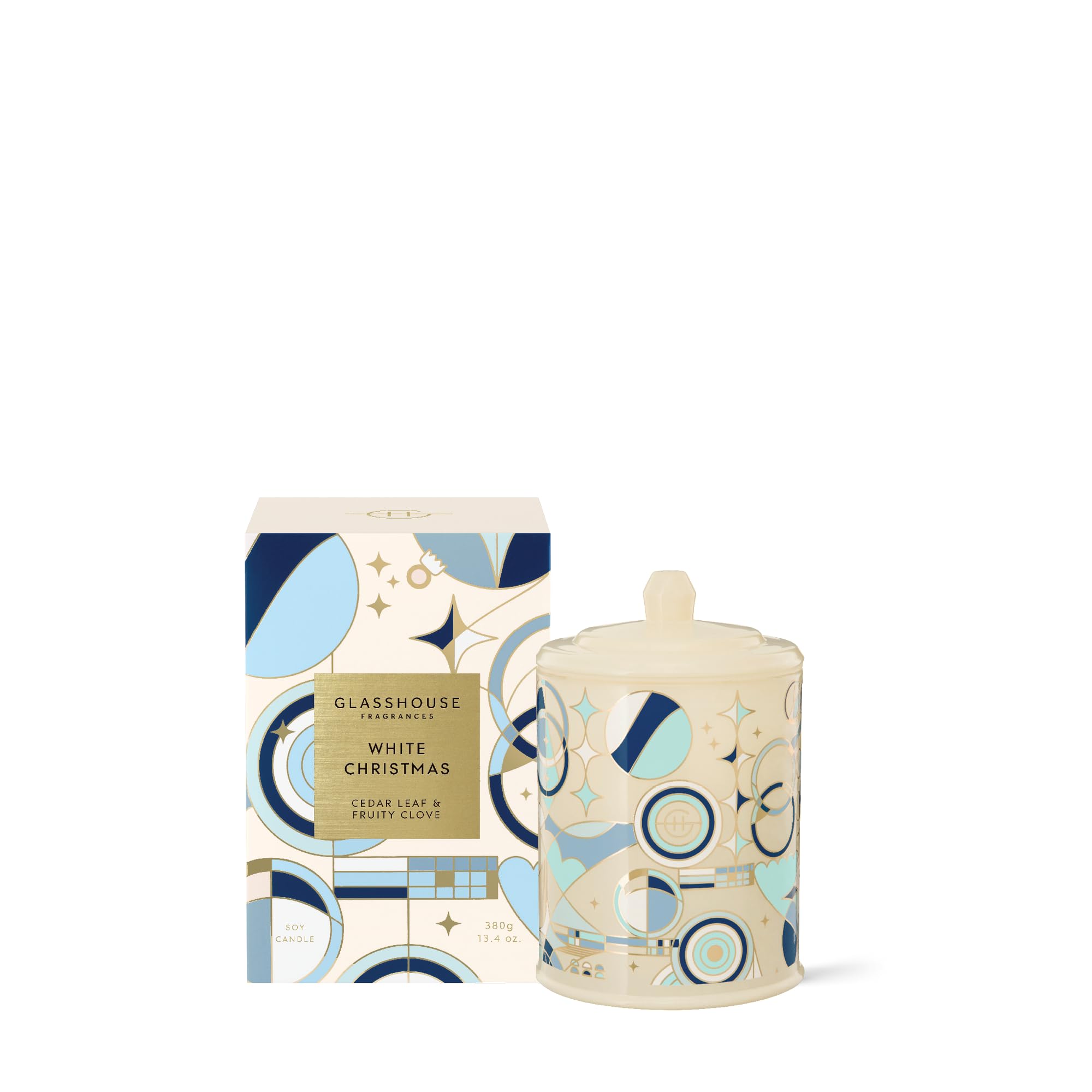 Glasshouse Fragrances White Christmas Candle, Triple Scented Natural Soy Wax Blend, 2 Wicks & Glass Jar, 65 Hour Burn Time, Cedar Leaf & Fruity Leaf, 13.4 Oz (380g)