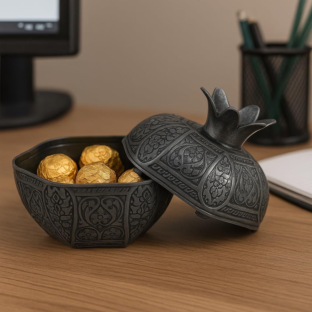 Heavyweight Metal Pomegranate Decor & Trinket Box – Antique Style Casting Lidded Candy Dish for Coffee Table – Unique Rosh Hashanah Gift, Jewelry Holder & Wedding Favor (6 Colors) (Dark Gray)